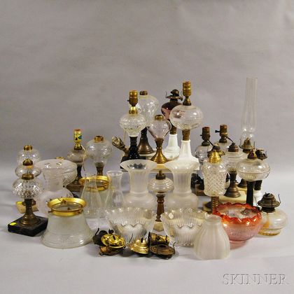 Group of Brass and Glass Fluid Lamps, Shades, and Parts