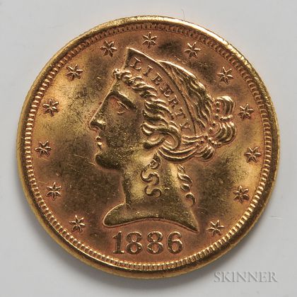 1886-S $5 Liberty Head Gold Coin. Estimate $300-500