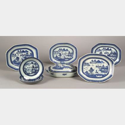 Nine Blue and White Chinese Export Porcelain Table Items