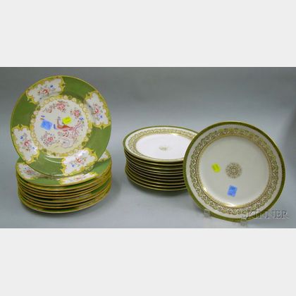 Set of Ten Limoges Transfer Chinese-style Decorated Porcelain Dinner Plates and a Set of Eleven Limoges Gilt De... 