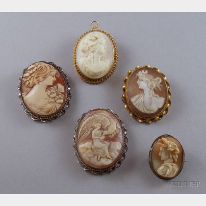 Five Assorted Shell-carved Cameos