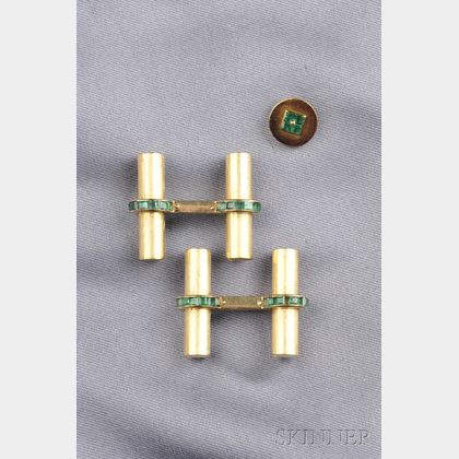 18kt Gold and Emerald Cuff Links and Tie Tack, Cartier, Paris