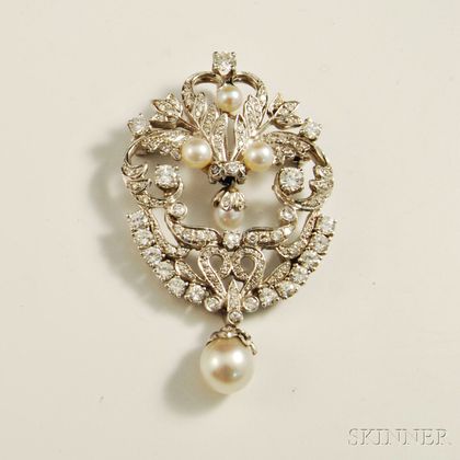 14kt White Gold, Diamond, and Pearl Brooch
