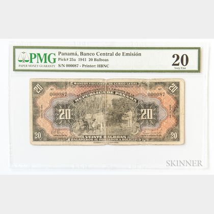 1941 Panamanian Banco Central de Emision 20 Balboas "Arias Seven Day Issue," Pick-25a, PMG Very Fine 20
