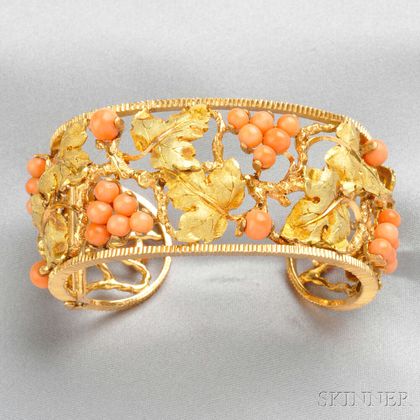 18kt Bicolor Gold and Coral Cuff Bracelet, Mario Buccellati