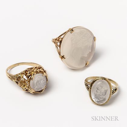 Three 14kt Gold and Carved Moonstone Rings