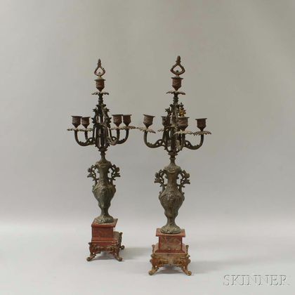 Pair of Rococo-style Cast Metal Five-light Candelabra
