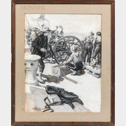 Two Illustrations En Grisaille : Charles David Williams (American, 1875-1954),Firing the Shipboard Gatling Gun