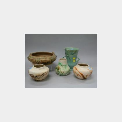 Roseville Pottery Low Bowl, Vase and Three Nemadji Pottery Vases.