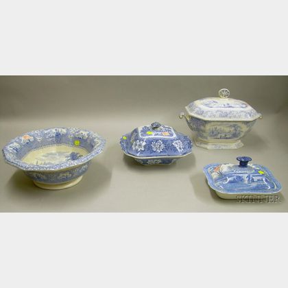 Four Pieces of English Blue and White Transfer Decorated Staffordshire Tableware