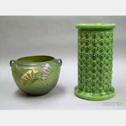 Roseville Pottery Freesia Jardiniere and a Late Victorian Glossy Green Glazed Pottery Pedestal. 