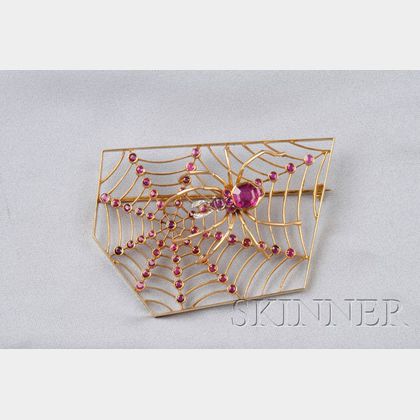 Unusual 18kt Gold and Ruby Spider Brooch