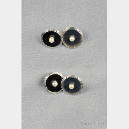 14kt White Gold, Onyx, and Cultured Pearl Cuff Links, Mikimoto