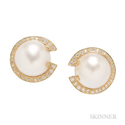 18kt Gold, Mabe Pearl, and Diamond Earclips
