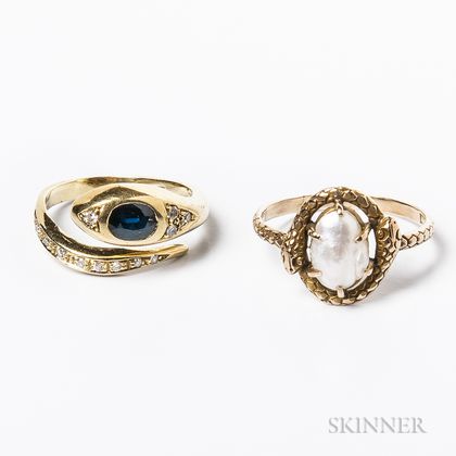 18kt Gold, Sapphire, and Diamond Snake Ring and a 14kt Gold and Baroque Pearl Snake Ring