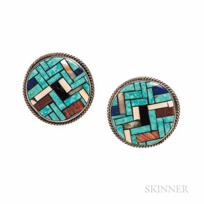 Angie Reano Owens Silver and Turquoise Inlay Earclips