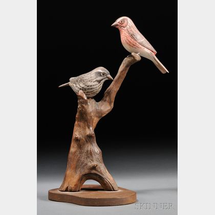 Jess Blackstone Bird Tree with Carved and Painted Purple Finch Figures