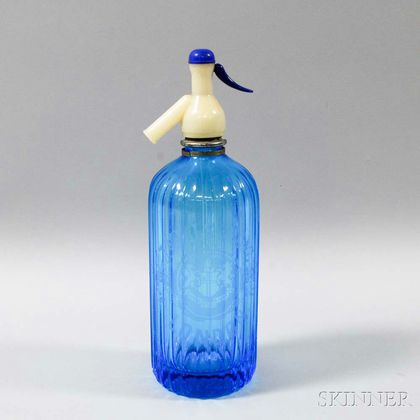 J. Mills & Sons Etched Blue Glass Soda Siphon