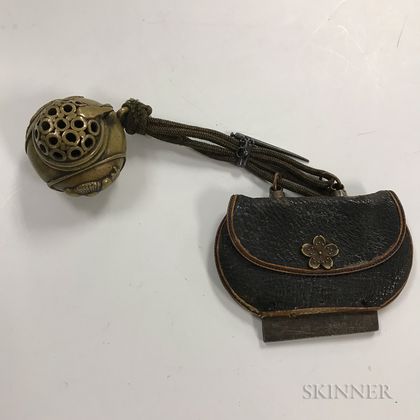 Portable Bronze Censer and Fire Striker in Leather Pouch