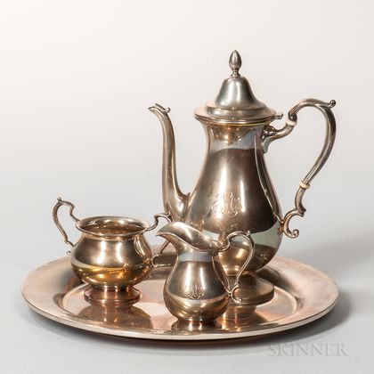Cartier Three-piece Sterling Silver Tea Set and a Silver-plated Tray