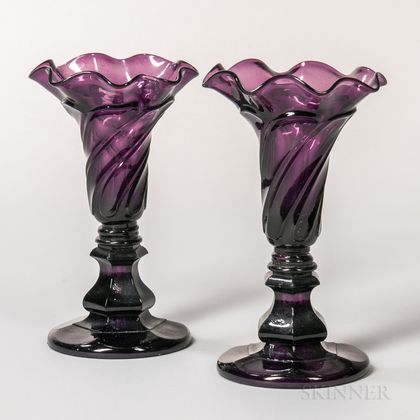 Pair of Amethyst Pressed Glass Twisted Loop Vases