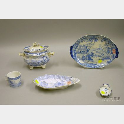 Five Pieces of English Blue and White Staffordshire Tableware