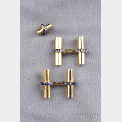 18kt Gold and Sapphire Cuff Links and Tie Tack, Van Cleef & Arpels, Paris