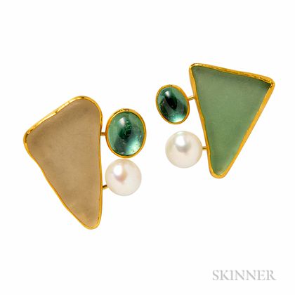 18kt and High-karat Gold and Sea Glass Earclips, Betsy Fuller