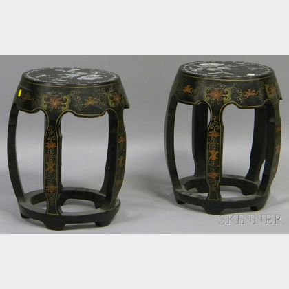 Pair of Asian Export Polychrome-decorated Black Lacquer Barrel-form Garden Seats. 