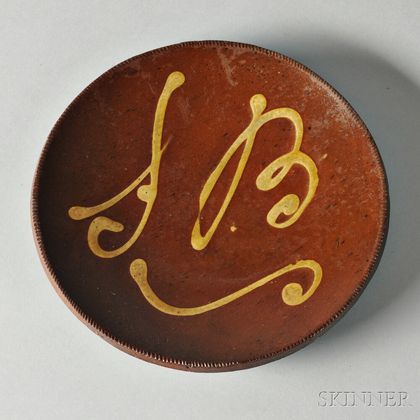 Redware Plate with Yellow Slip Inscription "SB,"