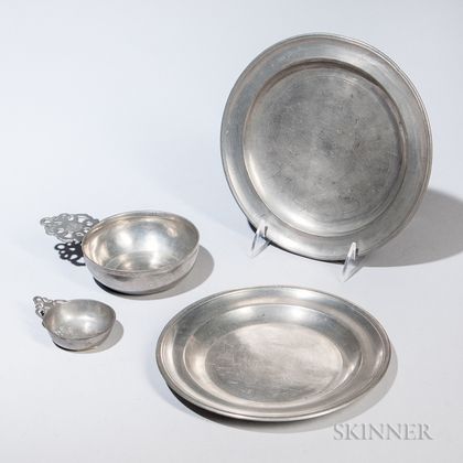 Two Pewter Plates and Two Pewter Porringers