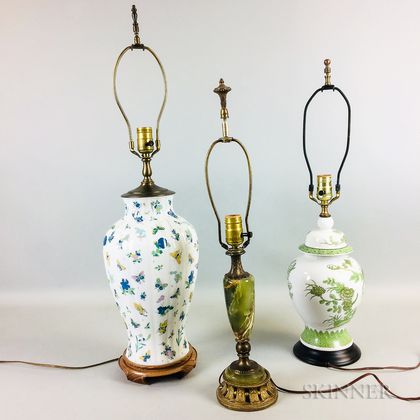 Two Porcelain and an Onyx Table Lamp