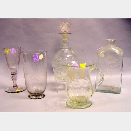 Four 18th and 19th Century Continental Etched Colorless Glass Items and a Blown Molded Decanter