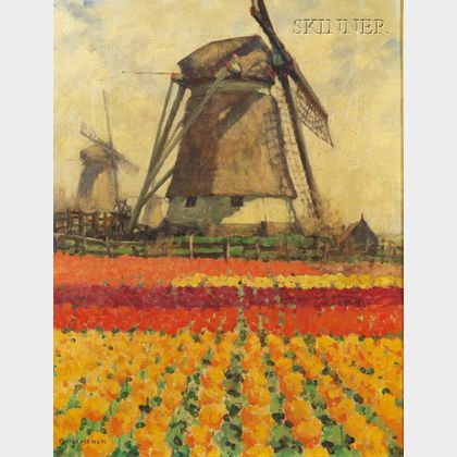 George Hitchcock (American, 1850-1913) Tulip Fields with Windmill