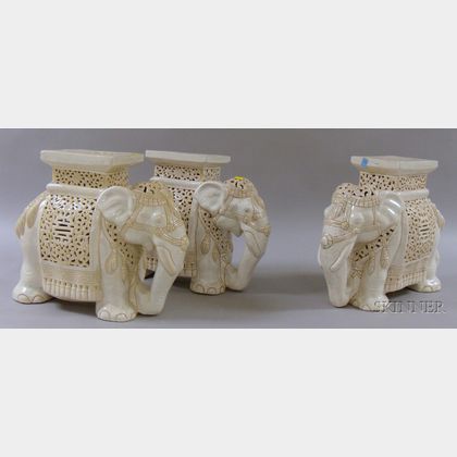 Three Asian White Ceramic Elephant-form Garden Seats