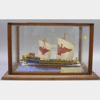 Cased Painted Carved Wood Imperial Roman Navy Light Trireme Ship Model