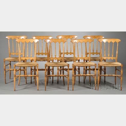 Eight Biedermeier Fruitwood Rush Seat Side Chairs