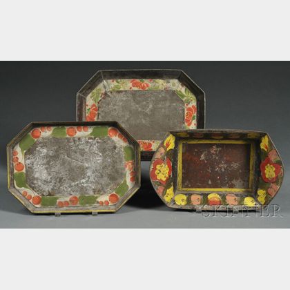 Paint-decorated Tinware Bread Basket and Two Trays