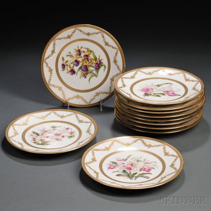 Eleven Hand-painted Limoges Porcelain Plates Depicting Orchids