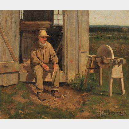 Arthur Hoeber (American, 1854-1915) Portrait of a Man, Possibly Amish or Mennonite, with Sharpening Stone