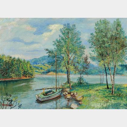 David Davidovich Burliuk (Russian/American, 1882-1967) Lake Scene with Boat, Probably a Connecticut View