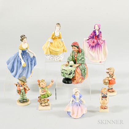 Five Royal Doulton and Four Hummel Ceramic Figures. Estimate $200-250