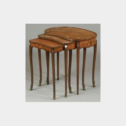 Nest of Three Louis XV/XVI Style Painted Tulipwood Stacking Tables