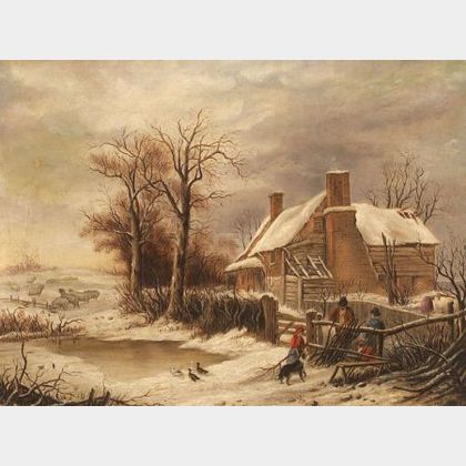American School, 19th Century Country Cottage in Winter.