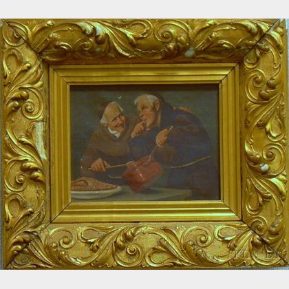 Framed Oil on Canvas Scene with Monks in the Kitchen