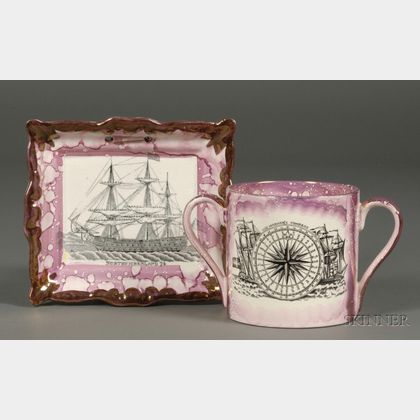 Dixon Pink Lustre and Transfer Northumberland 74 Sailing Ship Decorated Plaque and an English The Mariners ... 