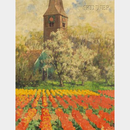 George Hitchcock (American, 1850-1913) Tulip Fields with Orchard and Clock Tower