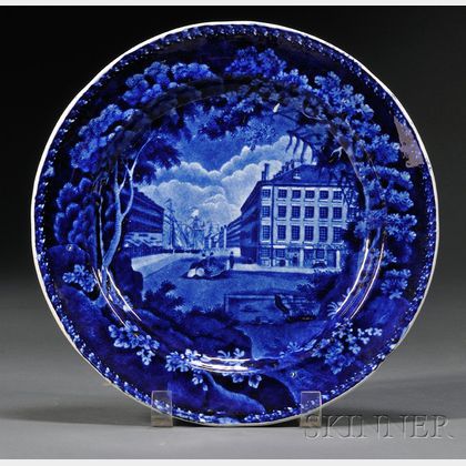 Historical Blue Transferware Plate with Boston China and Glass Warehouse