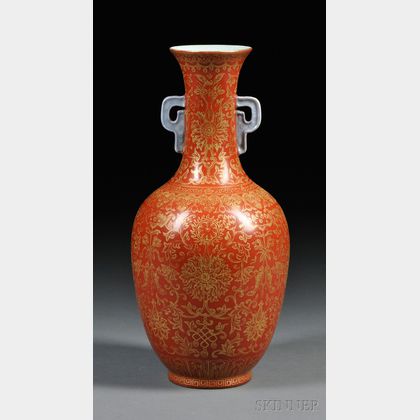 Coral Red and Gilt Buddhist Vase