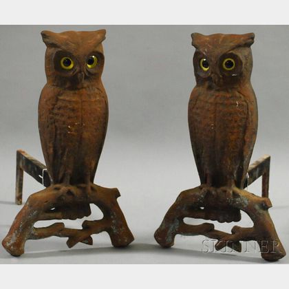 Pair of Cast Iron and Glass Owl Andirons